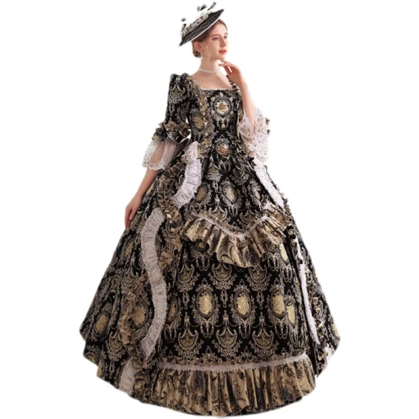 Medieval Vintage / Retro Gothic Black Printing Prom Dresses 2022 Ball Gown Square Neckline Bell sleeves Backless Floor-Length / Long Formal Dresses