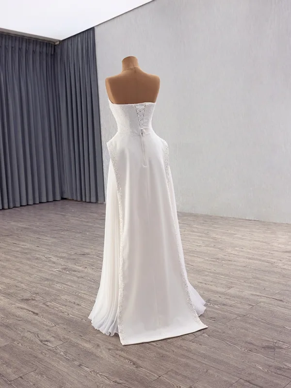 Sexy White Pearl Satin Floor-Length / Long Wedding Dresses 2025 A-Line / Princess Strapless Sleeveless Backless Wedding