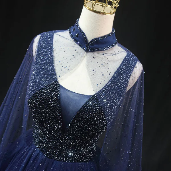 High-end Vintage / Retro Navy Blue Beading Sequins Prom Dresses 2024 Ball Gown High Neck Sleeveless Backless Floor-Length / Long Formal Dresses