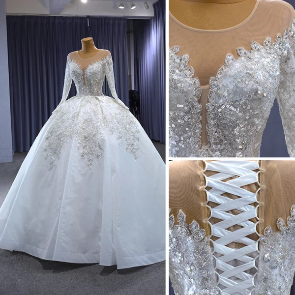 Luxury / Gorgeous White Handmade  Beading Rhinestone Pearl Sequins Wedding Dresses 2023 Ball Gown Scoop Neck Long Sleeve Backless Court Train Wedding
