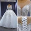 Luxury / Gorgeous White Handmade  Beading Rhinestone Pearl Sequins Wedding Dresses 2023 Ball Gown Scoop Neck Long Sleeve Backless Court Train Wedding