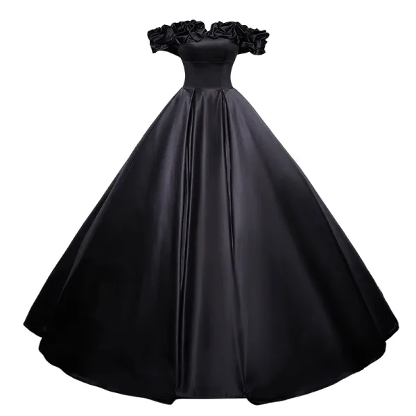 Vintage Sorte Satin Gallakjoler 2023 Balkjole Flæse Off-The-Shoulder Ærmeløs Halterneck Lange Galla Kjoler
