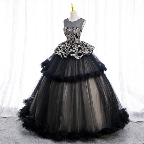 Elegante Schwarz Pailletten Spitze Blumen Ballkleider 2022 Ballkleid Rundhalsausschnitt Ärmellos Rückenfreies Lange Ball Festliche Kleider