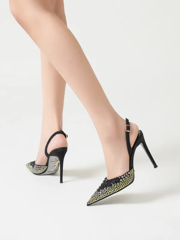 Sexy Black Gold Rhinestone Evening Party Womens Sandals 2024 10 cm Stiletto Heels Pointed Toe Sandals High Heels