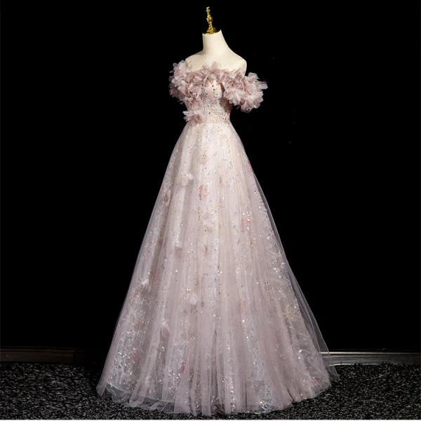 Élégant Rougissant Rose Appliques Paillettes Robe De Bal 2024 Princesse De l'épaule Manches Courtes Dos Nu Longue Promo Robe De Ceremonie