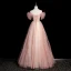 Chic / Belle Rougissant Rose Appliques Paillettes Robe De Bal 2023 Princesse De l'épaule Perle Faux Diamant Manches Courtes Dos Nu Longue Robe De Ceremonie