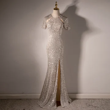 Sexy Sparkly Champagne Evening Dresses 2022 Trumpet Mermaid Scoop Neck Short Sleeve Beading Sequins Lace Flower Floor Length Long Split Front Evening Party Formal Dresses