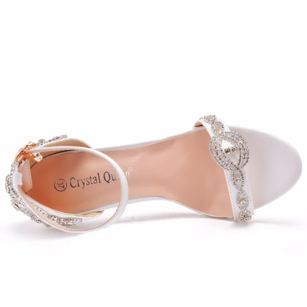 Sexy Weiß Strass Brautschuhe 2023 Knöchelriemen 9 cm Stilettos Peeptoes Hochzeit Sandaletten Hochhackige