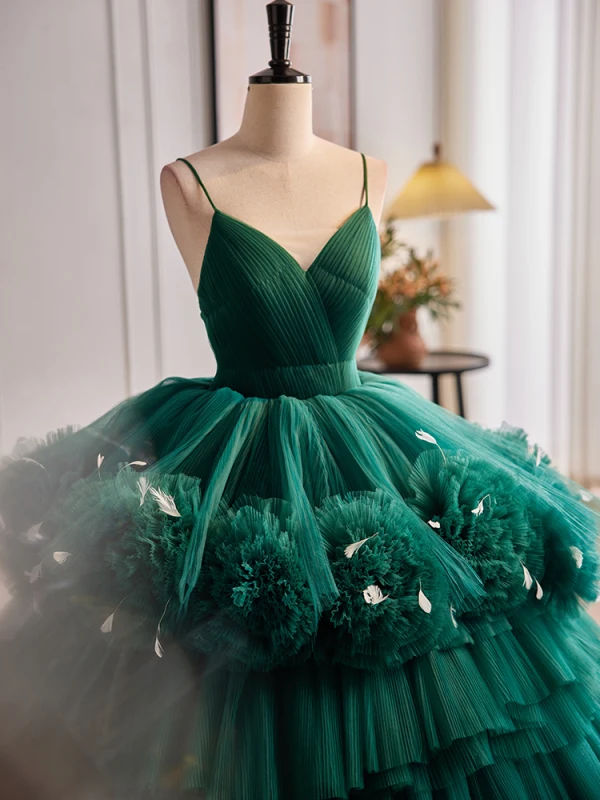Elegant Dark Green Cascading Ruffles Ruffle Quinceaera Prom Dresses 2024 Ball Gown Prom