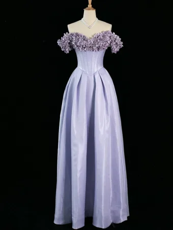 Chic Beautiful Lavender Pearl Appliques Satin Prom Dresses 2024 A Line Princess Off The Shoulder Sleeveless Backless Floor Length Long Prom Formal Dresses