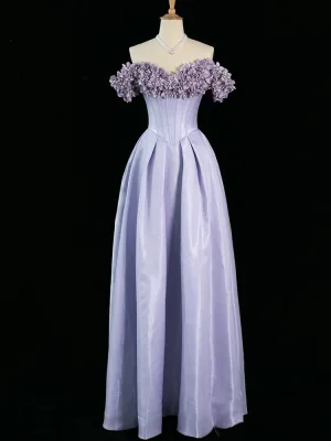 Schöne Lavendel Perle Applikationen Satin Ballkleider 2024 A Linie Off Shoulder Ärmellos Rückenfreies Lange Ball Festliche Kleider