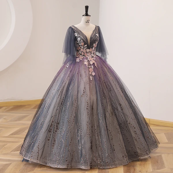 Elegant Purple Gradient-Color Prom Dresses 2022 Ball Gown Scoop Neck Pearl Lace Flower Short Sleeve Backless Floor-Length / Long Prom Formal Dresses