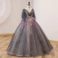 Elegant Purple Gradient-Color Prom Dresses 2022 Ball Gown Scoop Neck Pearl Lace Flower Short Sleeve Backless Floor-Length / Long Prom Formal Dresses