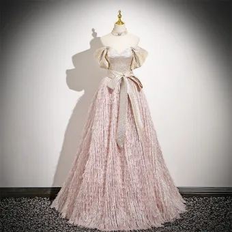 Fashion Blushing Pink Glitter Tassel Prom Dresses 2025 A Line Princess Off The Shoulder Bow Sash Backless Short Sleeve Floor Length Long Prom Formal Dresses