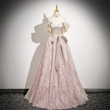 Mode Rodnande Rosa Glittriga Glitter Tassel Balklänningar 2025 Prinsessa Av Axeln Rosett Skärp Halterneck Korta Ärm Långa Bal Formella Klänningar