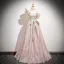 Fashion Blushing Pink Glitter Tassel Prom Dresses 2025 A-Line / Princess Off-The-Shoulder Bow Sash Backless Short Sleeve Floor-Length / Long Prom Formal Dresses