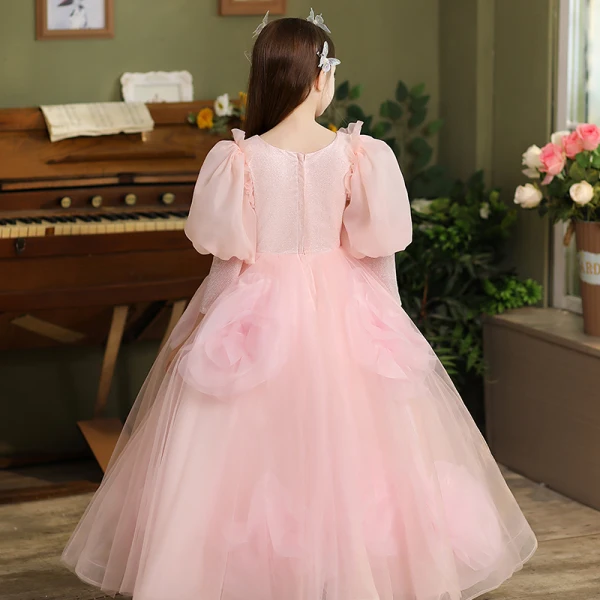 Lovely Blushing Pink Appliques Bow Prom Flower Girl Dresses 2024 Ball Gown Scoop Neck 3/4 Sleeve Floor-Length / Long