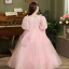 Lovely Blushing Pink Appliques Bow Prom Flower Girl Dresses 2024 Ball Gown Scoop Neck 3/4 Sleeve Floor-Length / Long