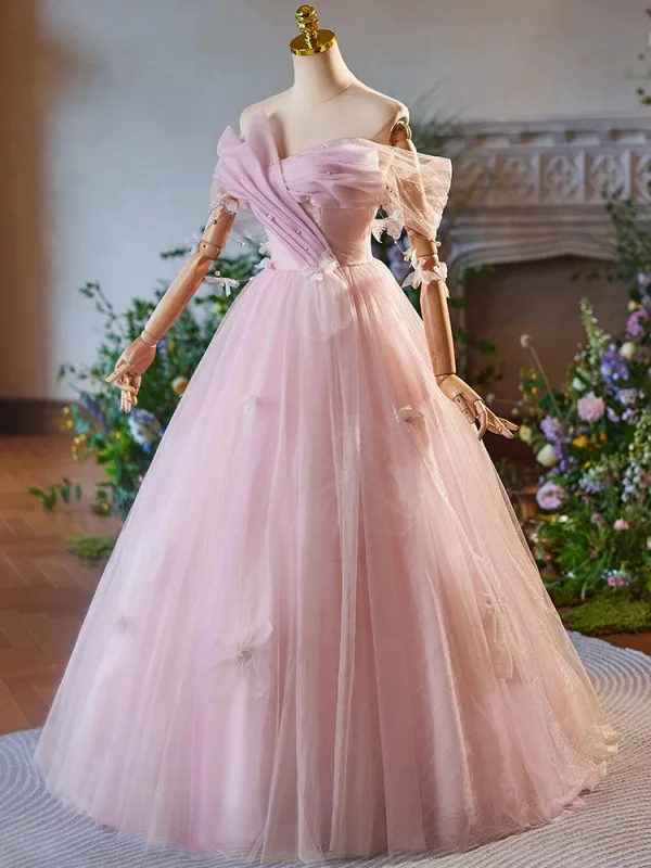 Chic / Beautiful Blushing Pink Bow Prom Dresses 2025 Ball Gown Off-The-Shoulder Short Sleeve Backless Floor-Length / Long Formal Dresses
