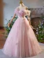 Chic / Beautiful Blushing Pink Bow Prom Dresses 2025 Ball Gown Off-The-Shoulder Short Sleeve Backless Floor-Length / Long Formal Dresses