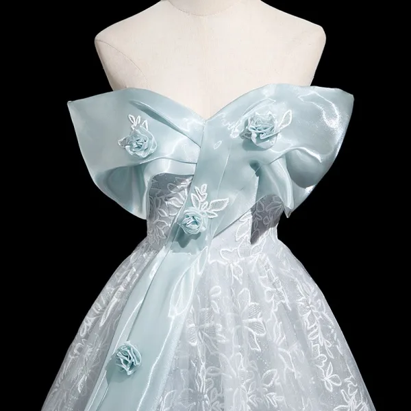 Chic / Beautiful Sky Blue Appliques Prom Dresses 2025 A-Line / Princess Strapless Floor-Length / Long Tulle Backless Prom Sleeveless Formal Dresses