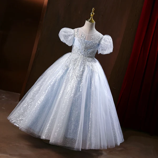 Bling Bling Silver Beading Sequins Flower Girl Dresses Ball Gown 2022 Scoop Neck Puffy Short Sleeve Floor-Length / Long Prom Flower Girl Dresses