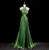 Modest / Simple Green Split Front Evening Dresses High Neck 2024 A-Line / Princess Sleeveless Backless Bow Floor-Length / Long Evening Party Formal Dresses