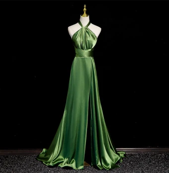 Simple Vert Fendue Devant Robe De Soirée Col Haut 2024 Princesse Sans Manches Dos Nu Noeud Longue Soirée Robe De Ceremonie