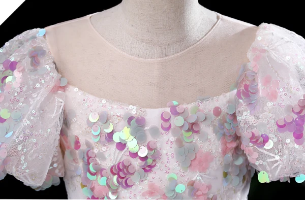 Bling Bling Blushing Pink Beading Sequins Lace Flower Birthday Flower Girl Dresses 2024 Ball Gown Scoop Neck Puffy Short Sleeve Floor-Length / Long