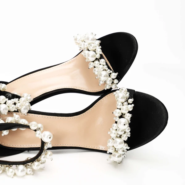 Sexy Black Pearl Evening Party Womens Sandals 2022 10 cm Stiletto Heels Open / Peep Toe Sandals High Heels