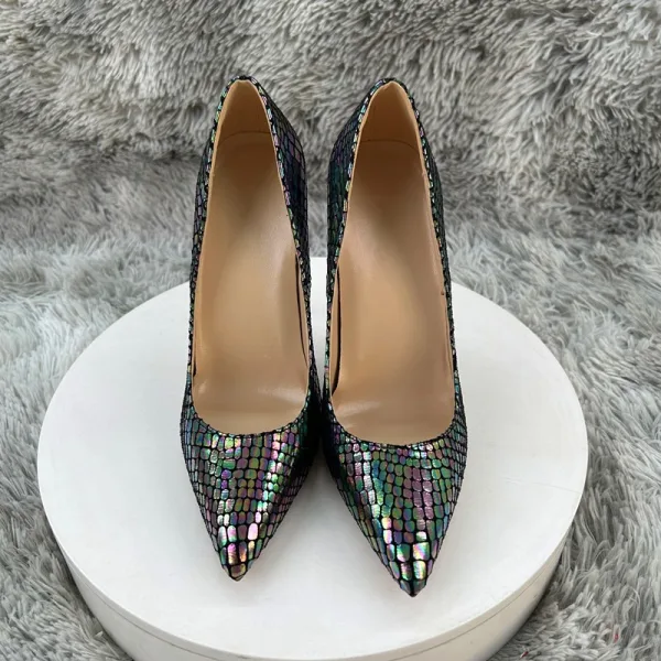 Ovanlig Mörkgrön Laser Snakeskin Trycket Afton Pumps 2025 12 cm Stilettklackar Spetsiga Högklackade