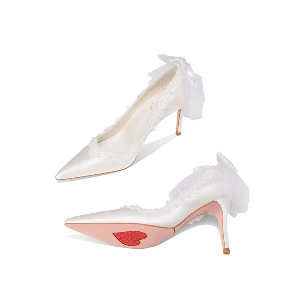 Elegant Ivory Satin Lace Flower Bow Wedding Shoes 2022 8 cm Stiletto Heels Pointed Toe Wedding Pumps High Heels