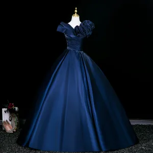 Vintage Retro Navy Blue Ruffle Flower Prom Dresses 2026 Ball Gown Square Neckline Short Sleeve Backless Floor Length Long Formal Dresses