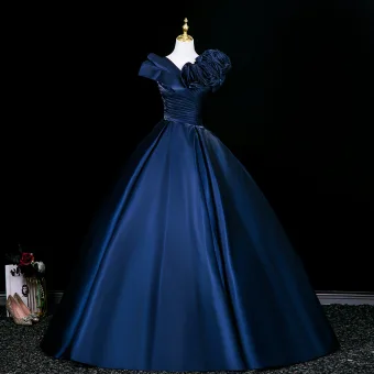 Vintage Originale Bleu Marine Volants Fleur Robe De Bal 2026 Robe Boule Encolure Carrée Manches Courtes Dos Nu Longue Robe De Ceremonie