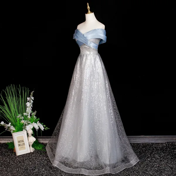 Sparkly Grey Sequins Prom Dresses 2025 A-Line / Princess Off-The-Shoulder Short Sleeve Backless Floor-Length / Long Formal Dresses