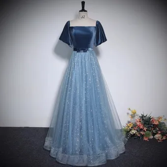 Hermoso Azul Cielo Glitter Estrella Lentejuelas Vestidos De Gala 2023 A Line Princess Escote Cuadrado Bowknot Cinturón Manga Corta Sin Espalda Largos Gala Vestidos Formales