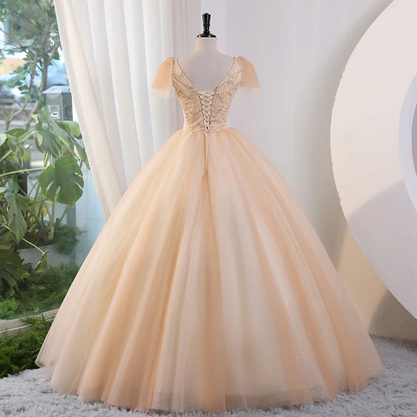 Elegant Champagne Beading Sequins Prom Dresses 2023 Ball Gown V-Neck Short Sleeve Backless Floor-Length / Long Prom Formal Dresses