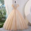 Elegant Champagne Beading Sequins Prom Dresses 2023 Ball Gown V-Neck Short Sleeve Backless Floor-Length / Long Prom Formal Dresses