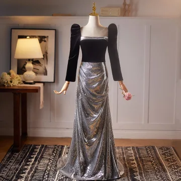 Sparkly Black Sequins Prom Dresses 2025 Trumpet Mermaid Square Neckline Long Sleeve Backless Floor Length Long Prom Formal Dresses