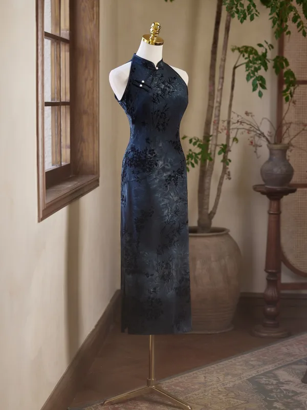 Chinese style Vintage / Retro Navy Blue Printing Evening Party Cheongsam 2025 Trumpet / Mermaid High Neck Sleeveless Tea-length Cheongsam / Qipao