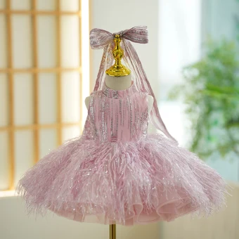 Chic Belle Rougissant Rose Gland Paillettes Anniversaire Robe Ceremonie Fille 2023 Robe Boule Encolure Dégagée Sans Manches Noeud Courte