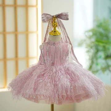 Chic Beautiful Blushing Pink Tassel Sequins Birthday Flower Girl Dresses 2023 Ball Gown Scoop Neck Sleeveless Bow Short