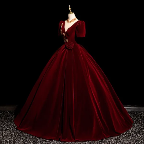 Elegant Burgundy Lace Flower Velvet Prom Dresses 2025 Ball Gown Scoop Neck Short Sleeve Backless Floor-Length / Long Prom Formal Dresses