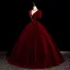 Elegant Burgundy Lace Flower Velvet Prom Dresses 2025 Ball Gown Scoop Neck Short Sleeve Backless Floor-Length / Long Prom Formal Dresses