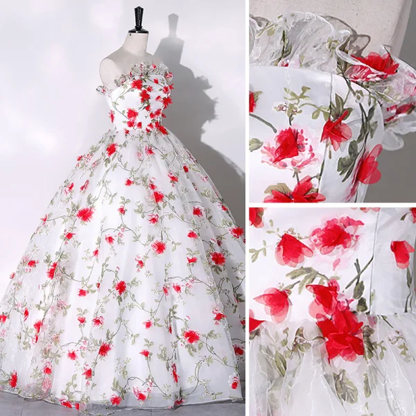 Chic / Belle Blanche Appliques Jardin / Extérieur Robe De Bal 2023 Robe Boule Bustier Sans Manches Dos Nu Longue Robe De Ceremonie