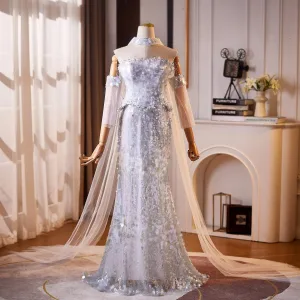 Sparkly Sexy Sølv Perle Paljetter Selskapskjoler 2026 Trompet Havfrue Strapless Korte Ermer Ryggløse Lange Formelle Kjoler