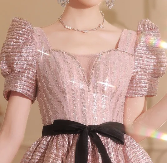Chic / Beautiful Blushing Pink Sequins Bow Sash Prom Dresses 2024 A-Line / Princess Square Neckline Short Sleeve Backless Floor-Length / Long Prom Formal Dresses