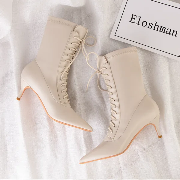 Moda Beżowe Zużycie ulicy Kozaki Damskie 2022 6 cm Szpilki Szpiczaste Boots
