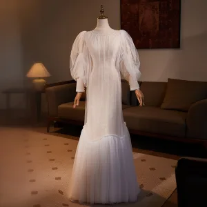 Musulmane Simple Blanche Trompette Sirène Robe De Mariée 2024 Col Haut Manches Longues Longue Mariage