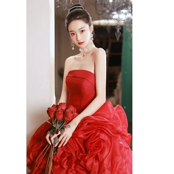 Amazing / Unique Red Flower Prom Dresses 2023 Ball Gown Strapless Sleeveless Backless Court Train Prom Formal Dresses